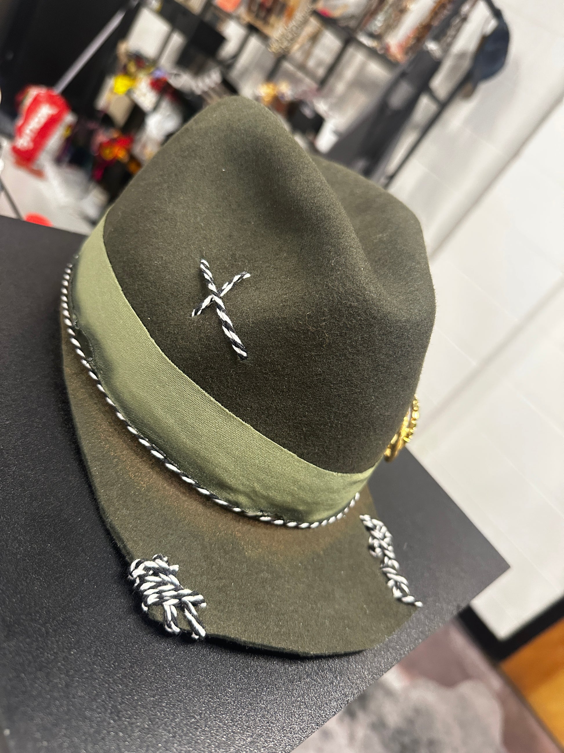 L - Army green cap - Fedora Designs